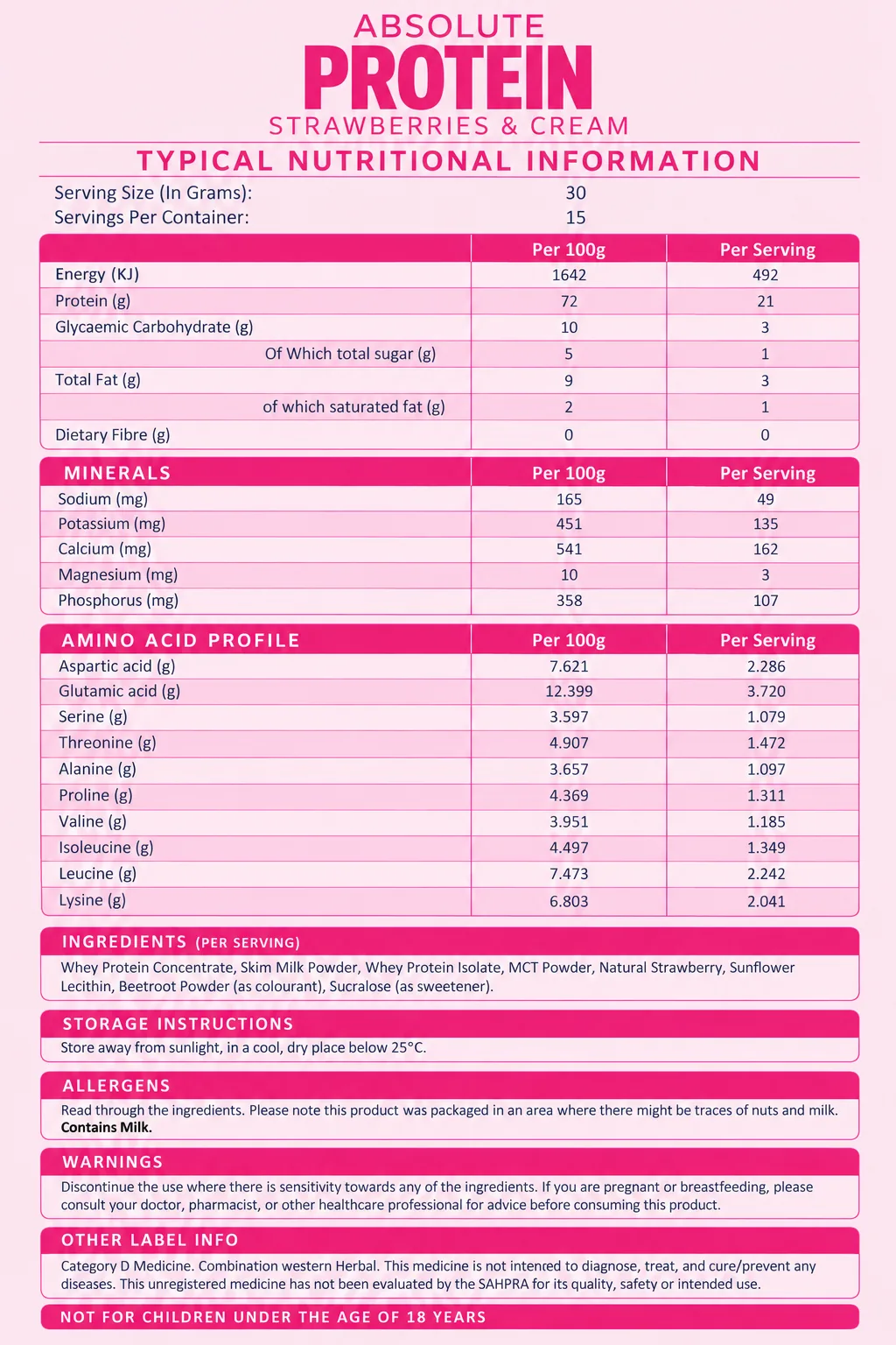Absolute Protein 450g nutritional information (Strawberries & Cream)