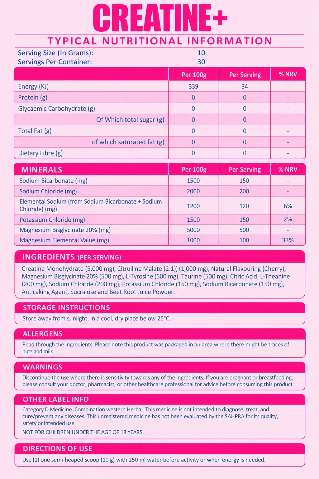 Creatine+ nutritional information