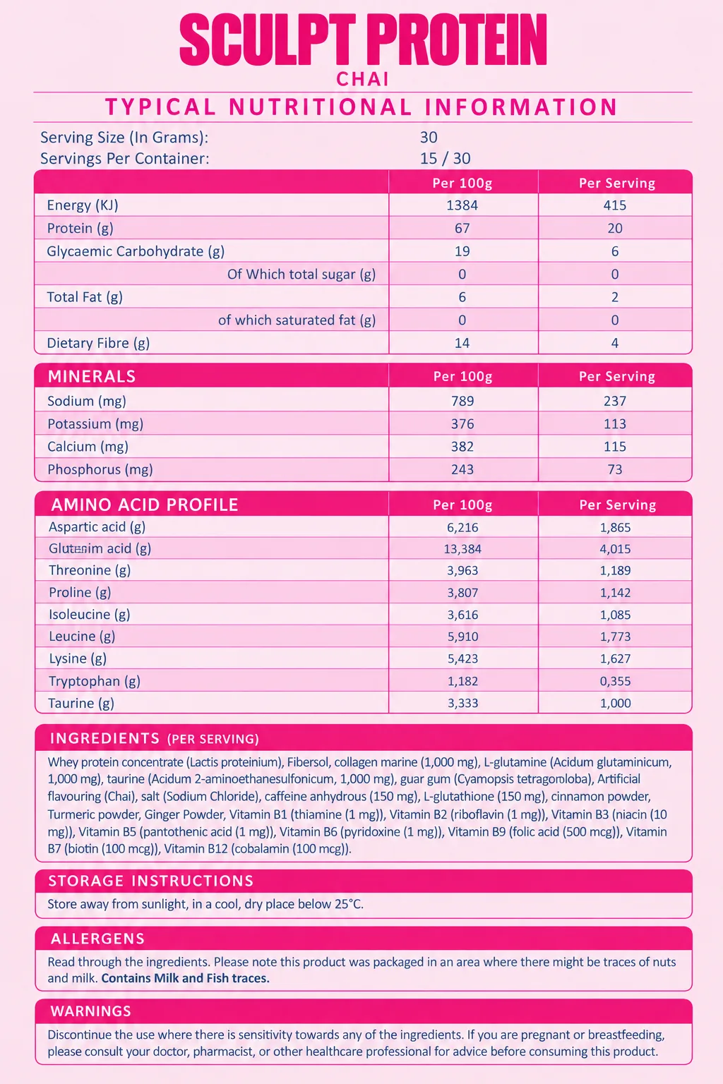 Sculpt Protein 450g nutritional information (Chai)