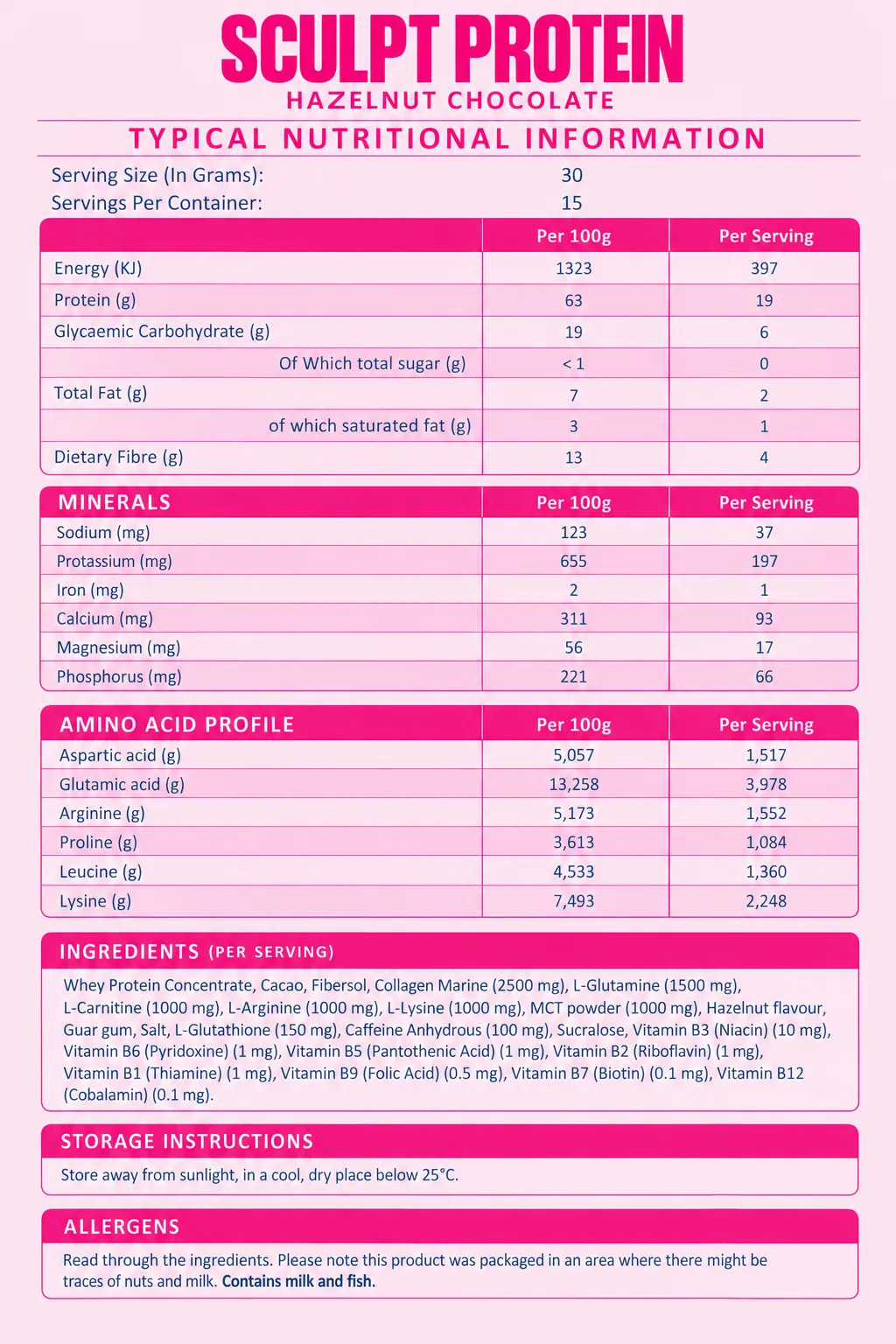 Sculpt Protein 450g nutritional information (Choc Hazel)