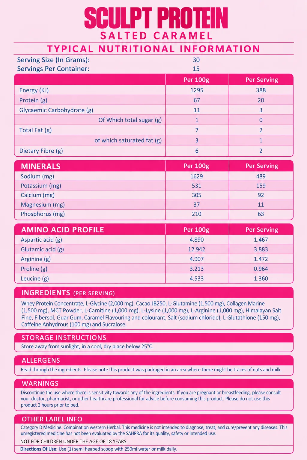 Sculpt Protein 450g nutritional information (Salted Caramel)