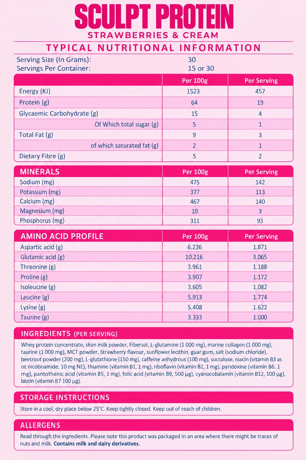 Sculpt Protein 450g nutritional information (Strawberries & Cream)