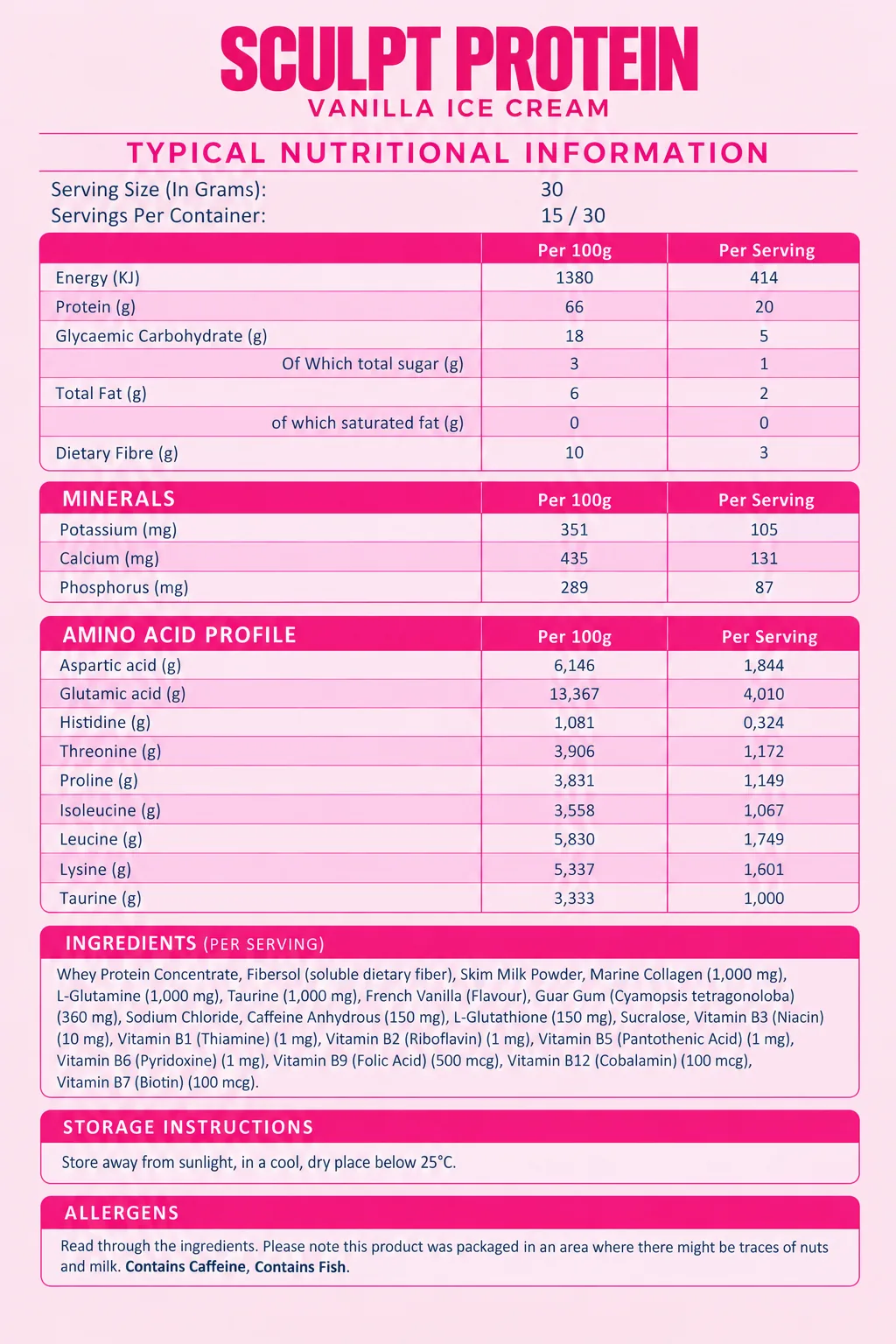Sculpt Protein 450g nutritional information (Vanilla)