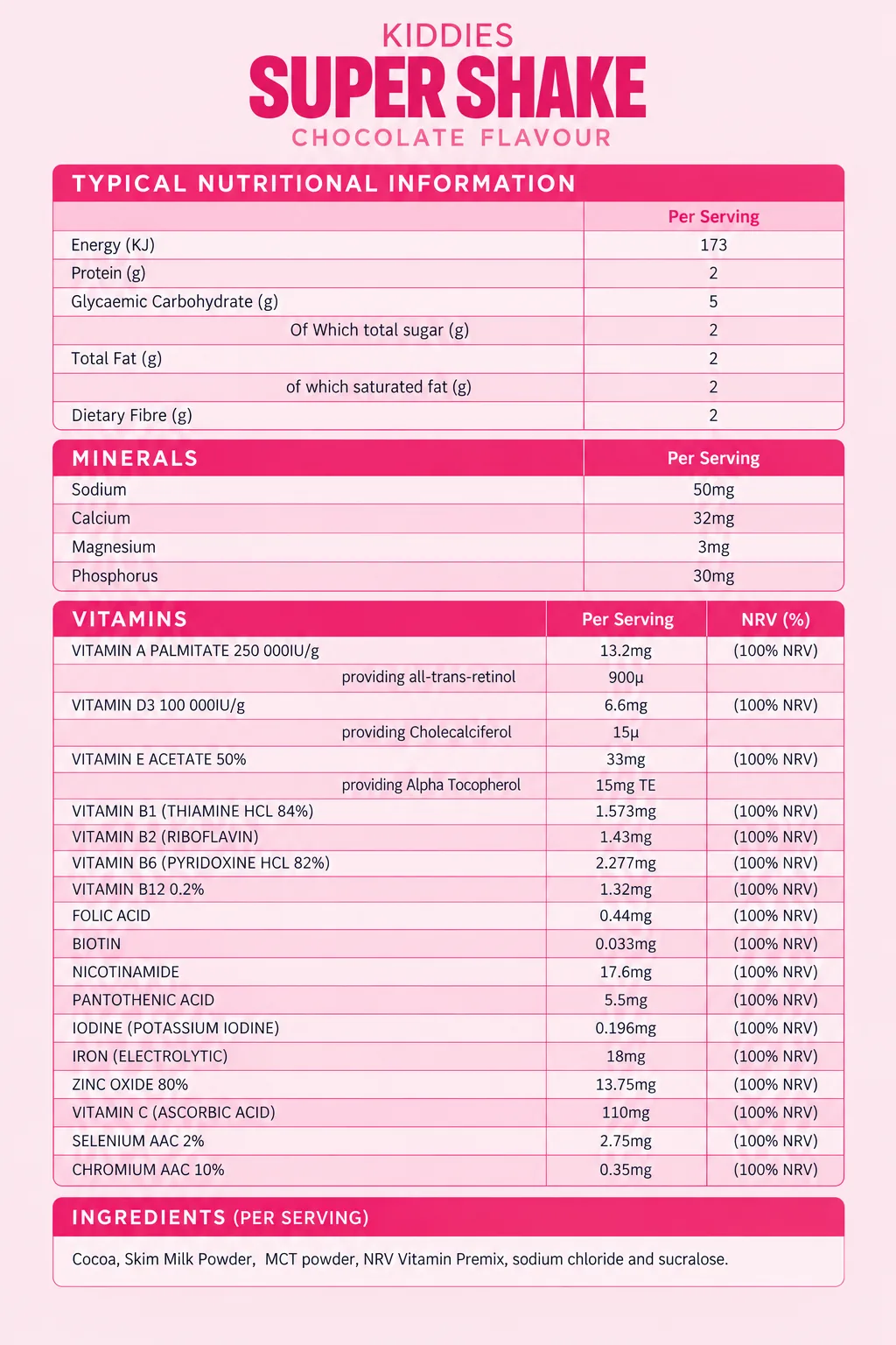 Super Shake (For Kids!) nutritional information (Chocolate)