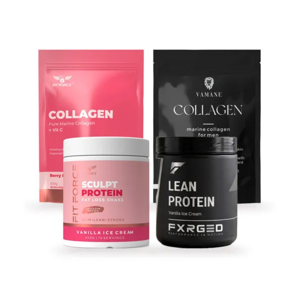 Couple Goals bundle: Sculpt Protein and Marine Collagen + Vit C for her, FXRGED Lean Protein and Vamane Collagen for him