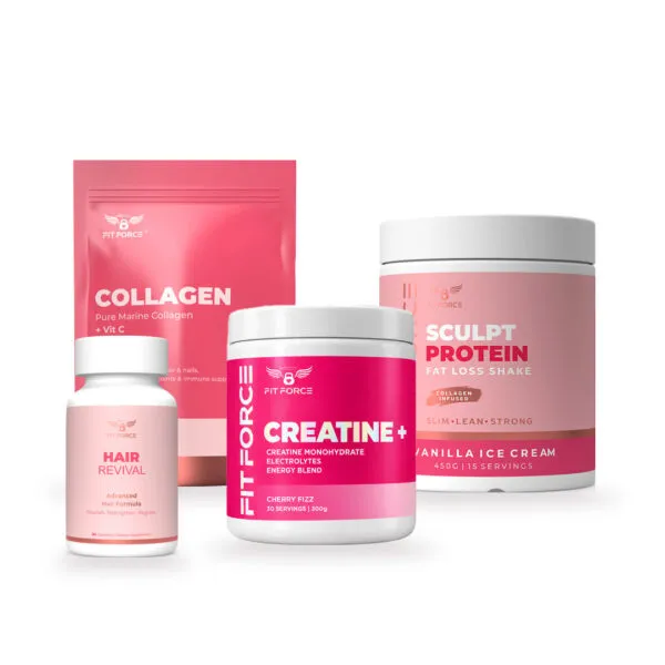 Fitforce Founder Faves Bundle: Marine Collagen + Vit C, Sculpt Protein 450g, Creatine+ and Hair Revival